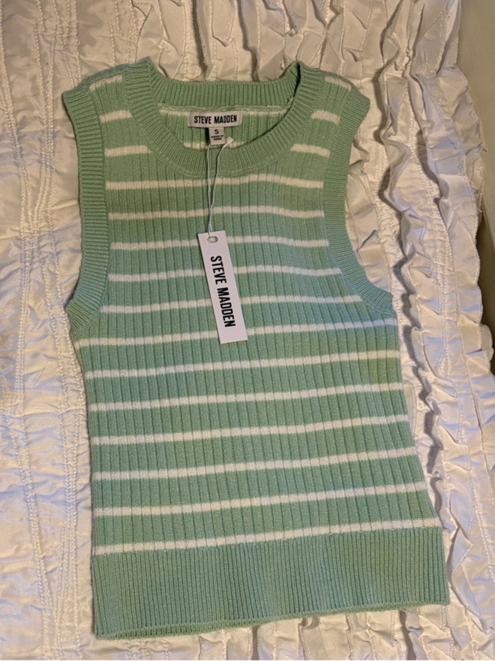 Steve Madden Mint-White Striped Ribbed Sleeveless Top